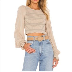 Tularosa size L smocked long sleeve tan blouse